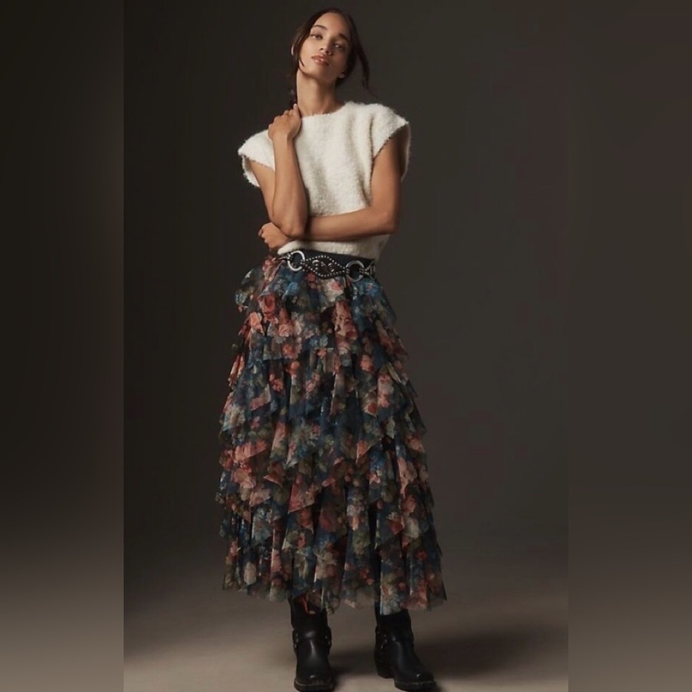 Anthropologie Layered Floral Ruffled Maxi Skirt in Navy, Rust, Green
